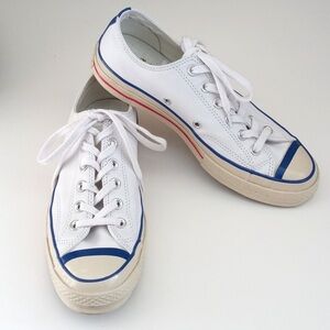 Rare Converse White Soft Leather Low Top Chuck Taylor Sneakers Blue Trim 8